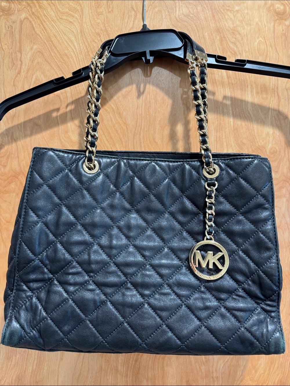 Michael Kors Black Quilted Shoulder Tote with Gold Chain